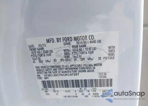 2012 Ford Escape Xls z USA, uszkodzony, nr VIN 1FMCU0C70CKC47257